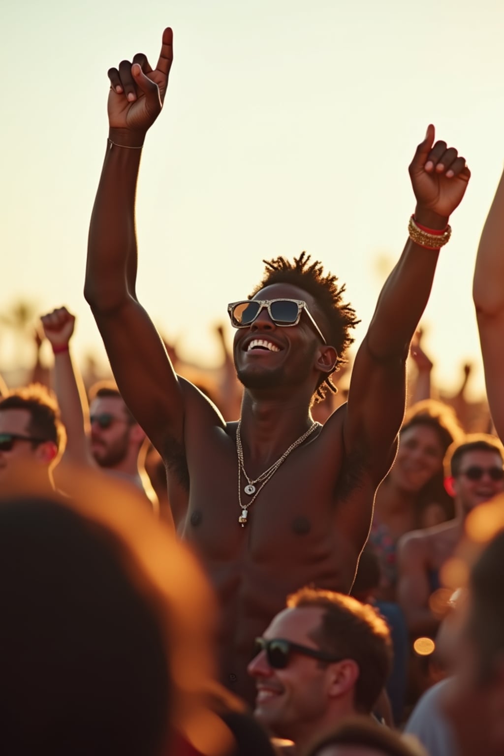 a man enjoying the live music on a sunny day, surrounded by  energetic fans and raising their hands in excitement
