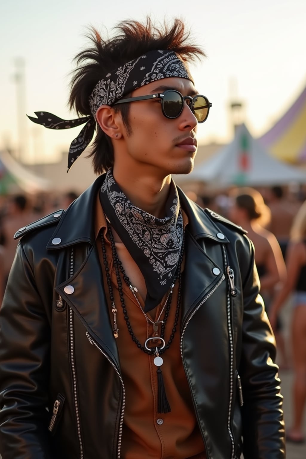 a stunning man in  a leather jacket and bandana, embodying the fusion of bohemian and rock n roll styles at the festival