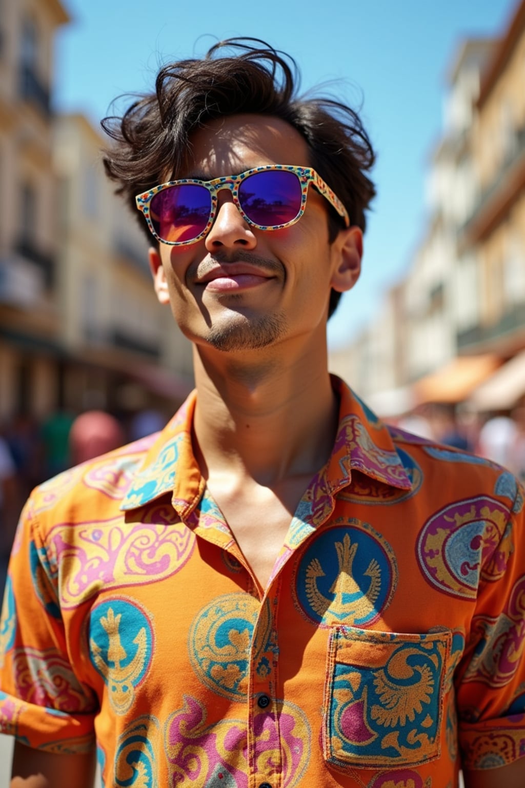 a stunning man in  a vibrant button-up shirt and funky sunglasses, capturing their eclectic and fashionable festival look