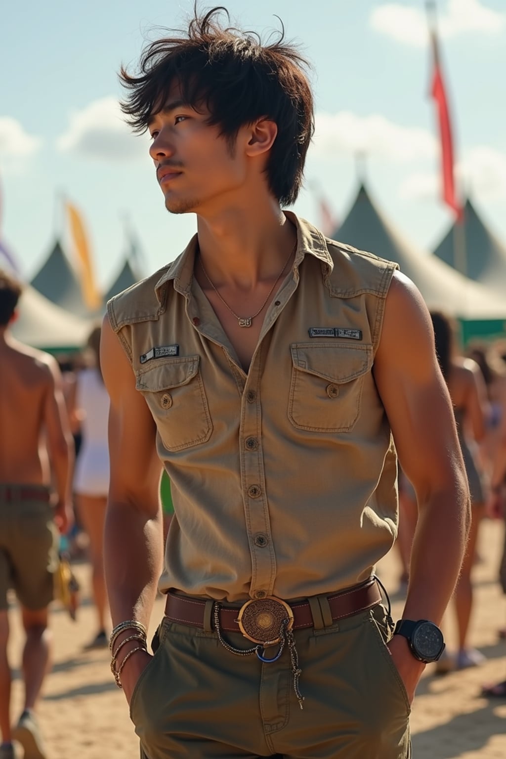 a man in  a sleeveless shirt and cargo pants, embodying the free-spirited and carefree nature of a music festival