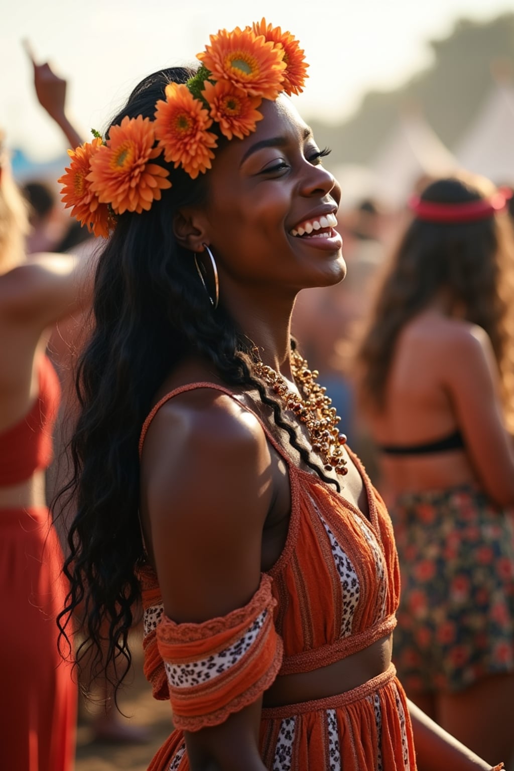 a stunning woman as a festival-goer, dancing and enjoying the music in a vibrant crowd, wearing a boho chic dress and flower crown