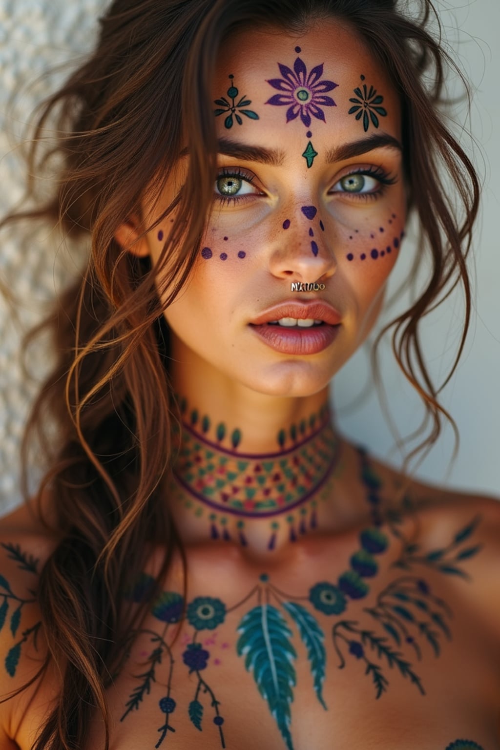 a woman with colorful temporary tattoos and henna art , adding an element of tribal and cultural inspiration to their festival look