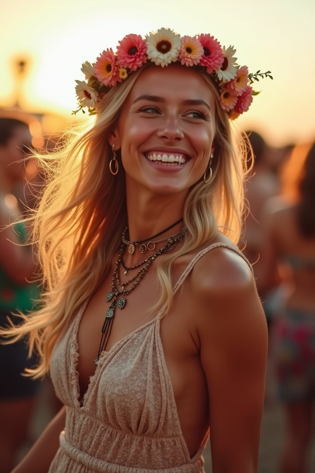 a stunning woman as a festival-goer, dancing and enjoying the music in a vibrant crowd, wearing a boho chic dress and flower crown
