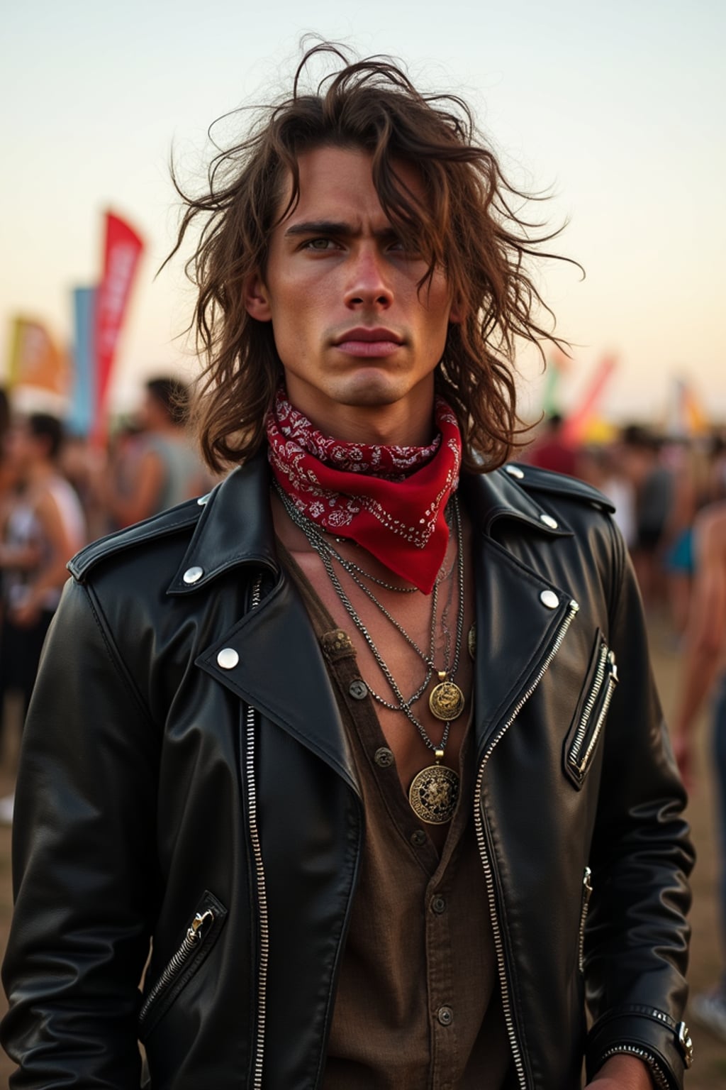 a stunning man in  a leather jacket and bandana, embodying the fusion of bohemian and rock n roll styles at the festival