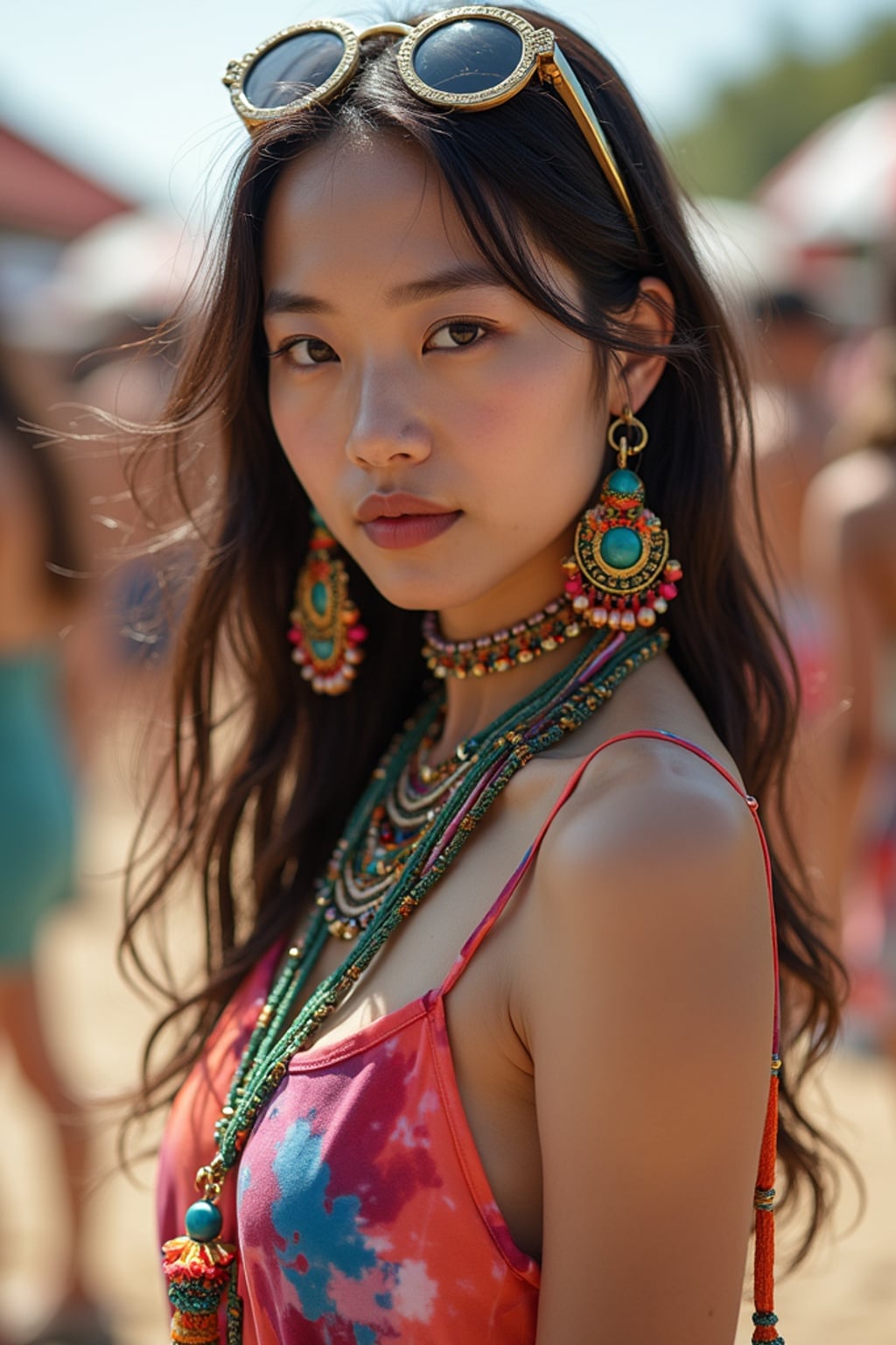 a stunning woman in a tie-dye jumpsuit and statement accessories , capturing their eclectic and fashionable festival look