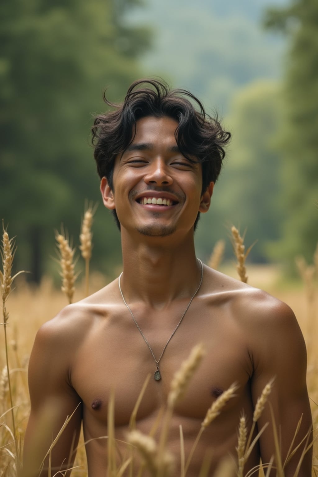 man outside in nature in forest or jungle or a field of wheat enjoying the natural world