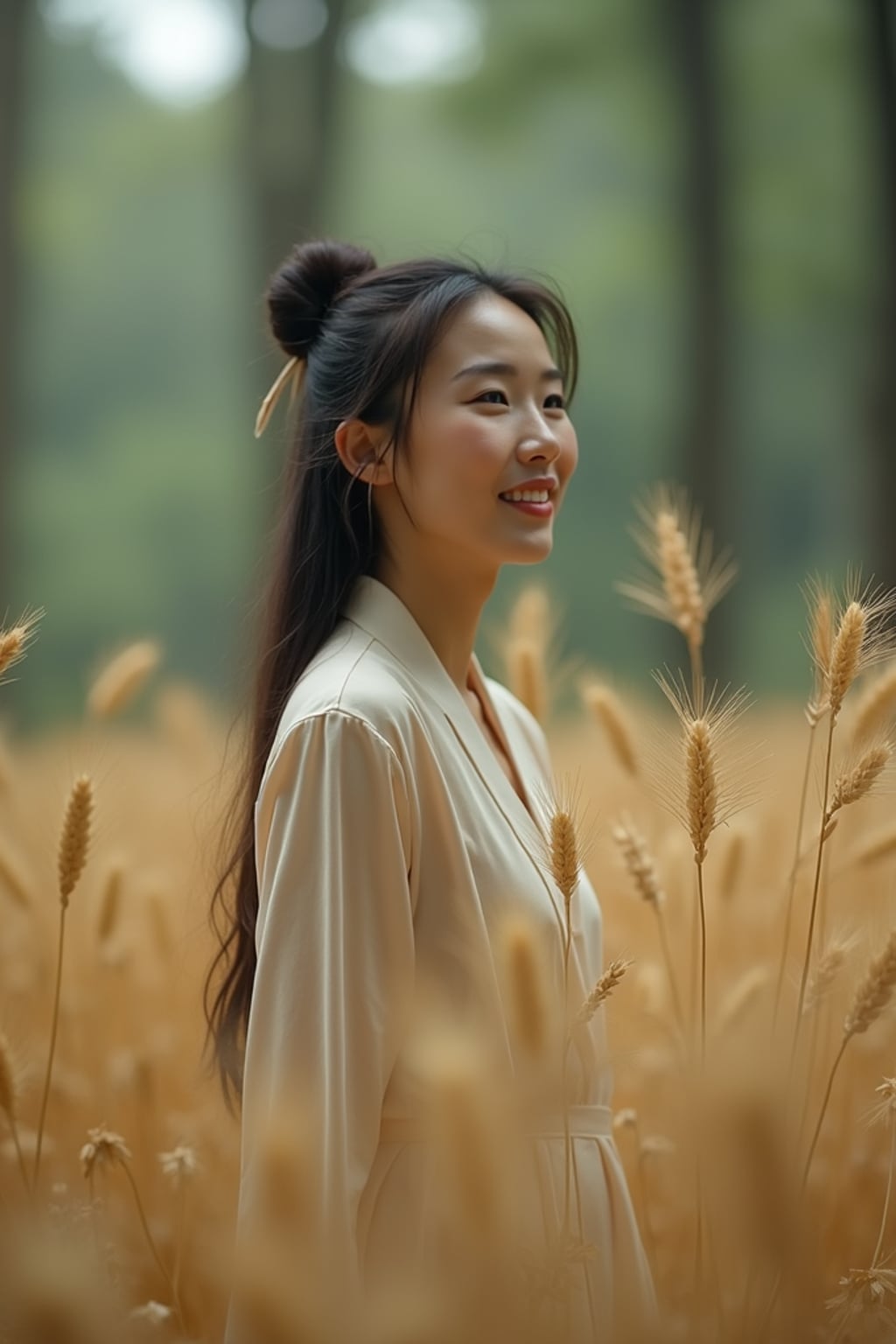 woman outside in nature in forest or jungle or a field of wheat enjoying the natural world