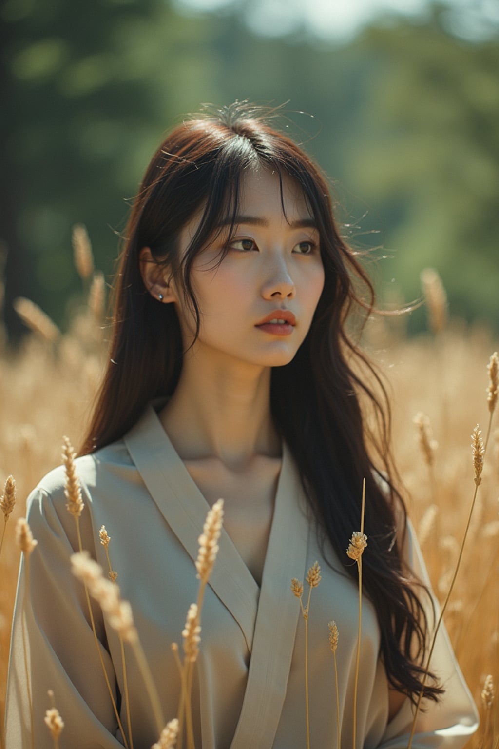 woman outside in nature in forest or jungle or a field of wheat enjoying the natural world