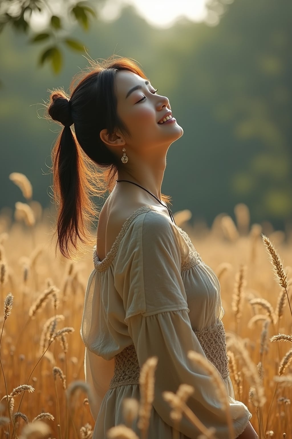 woman outside in nature in forest or jungle or a field of wheat enjoying the natural world