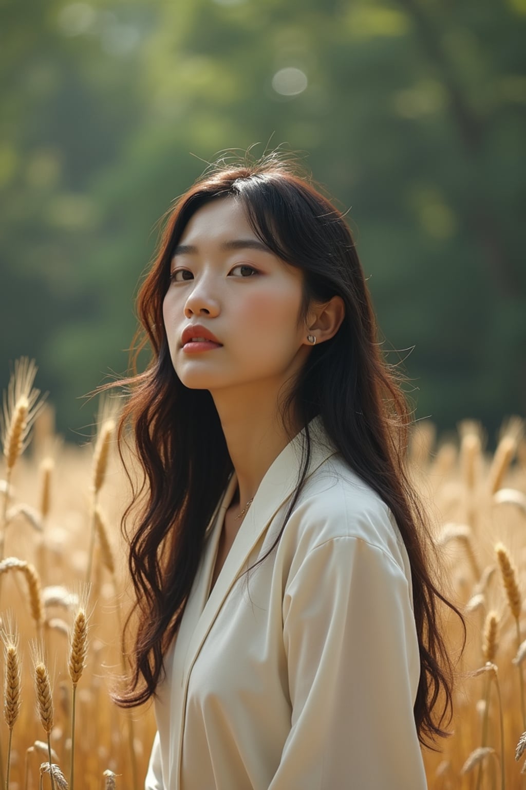 woman outside in nature in forest or jungle or a field of wheat enjoying the natural world