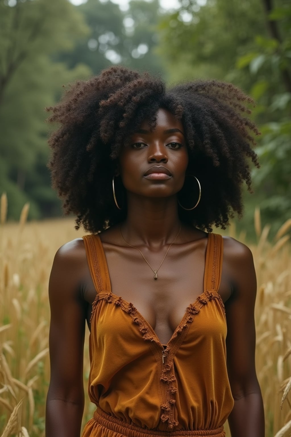 woman outside in nature in forest or jungle or a field of wheat enjoying the natural world