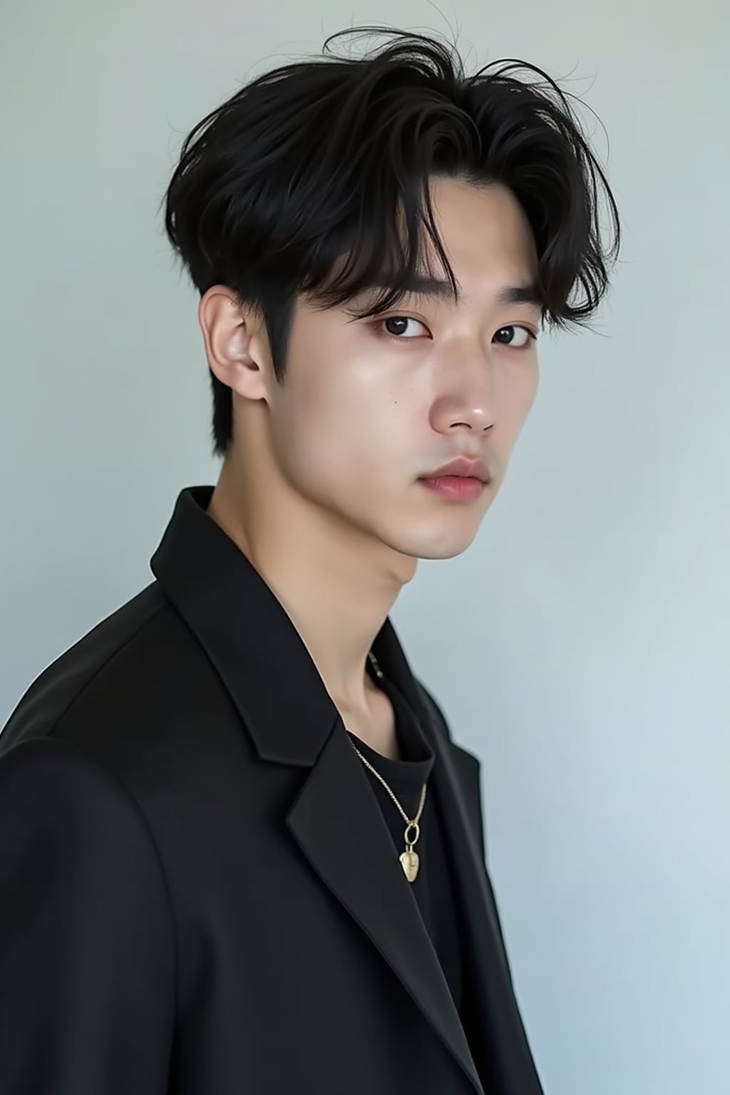 Korean man (with black hair) (as korean kpop k-pop idol) posing for photo, wearing Korean clothes, Korean fashion, Korean fashion, Korean makeup, (in front of solid background)