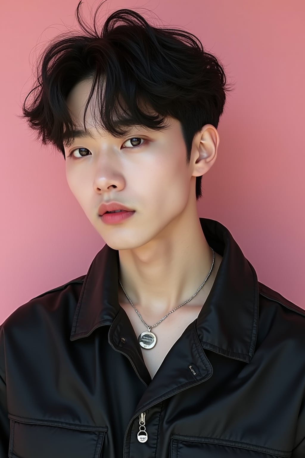 Korean man (with black hair) (as korean kpop k-pop idol) posing for photo, wearing Korean clothes, Korean fashion, Korean fashion, Korean makeup, (in front of solid background)