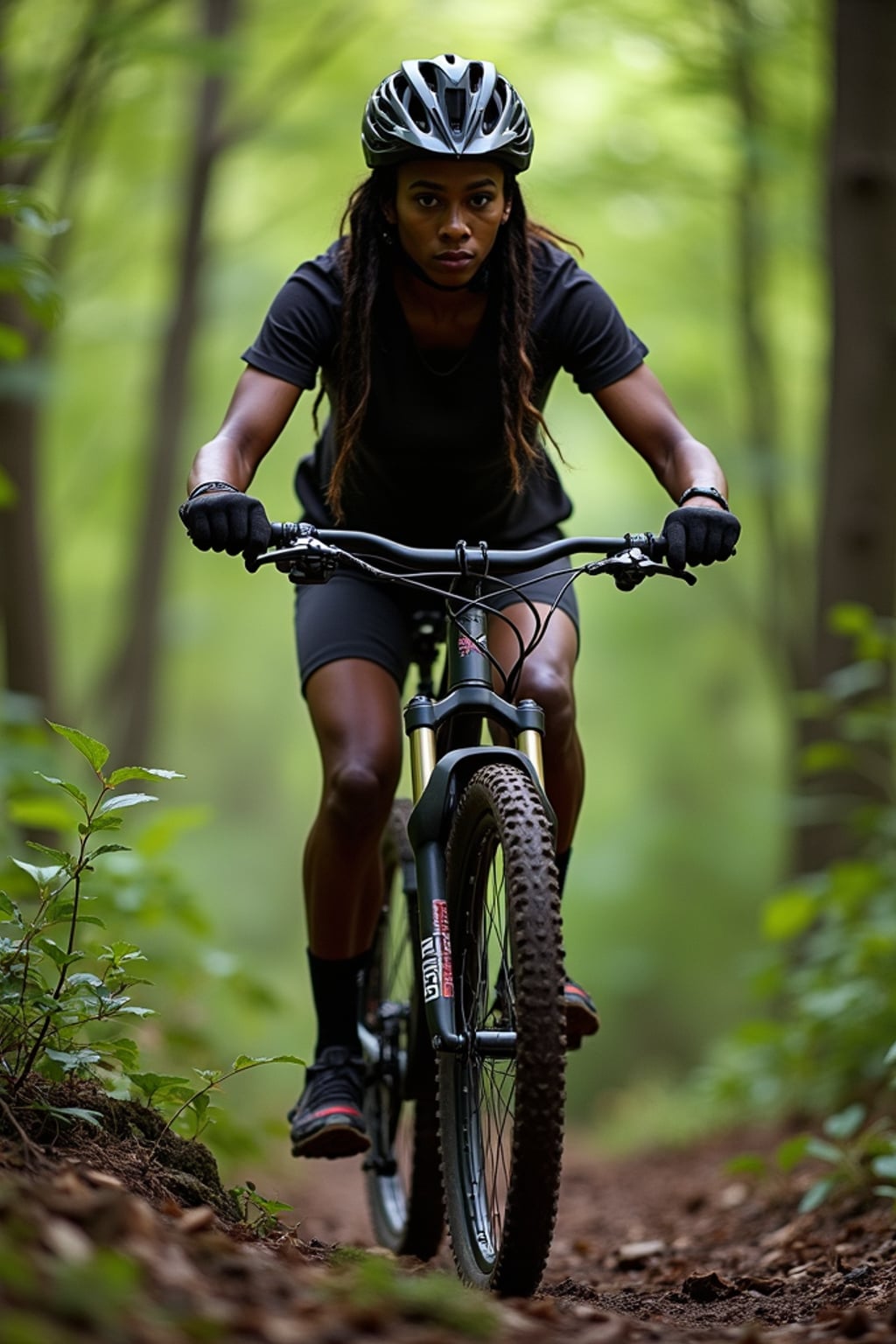 woman as individual mountain biking through a dense forest trail