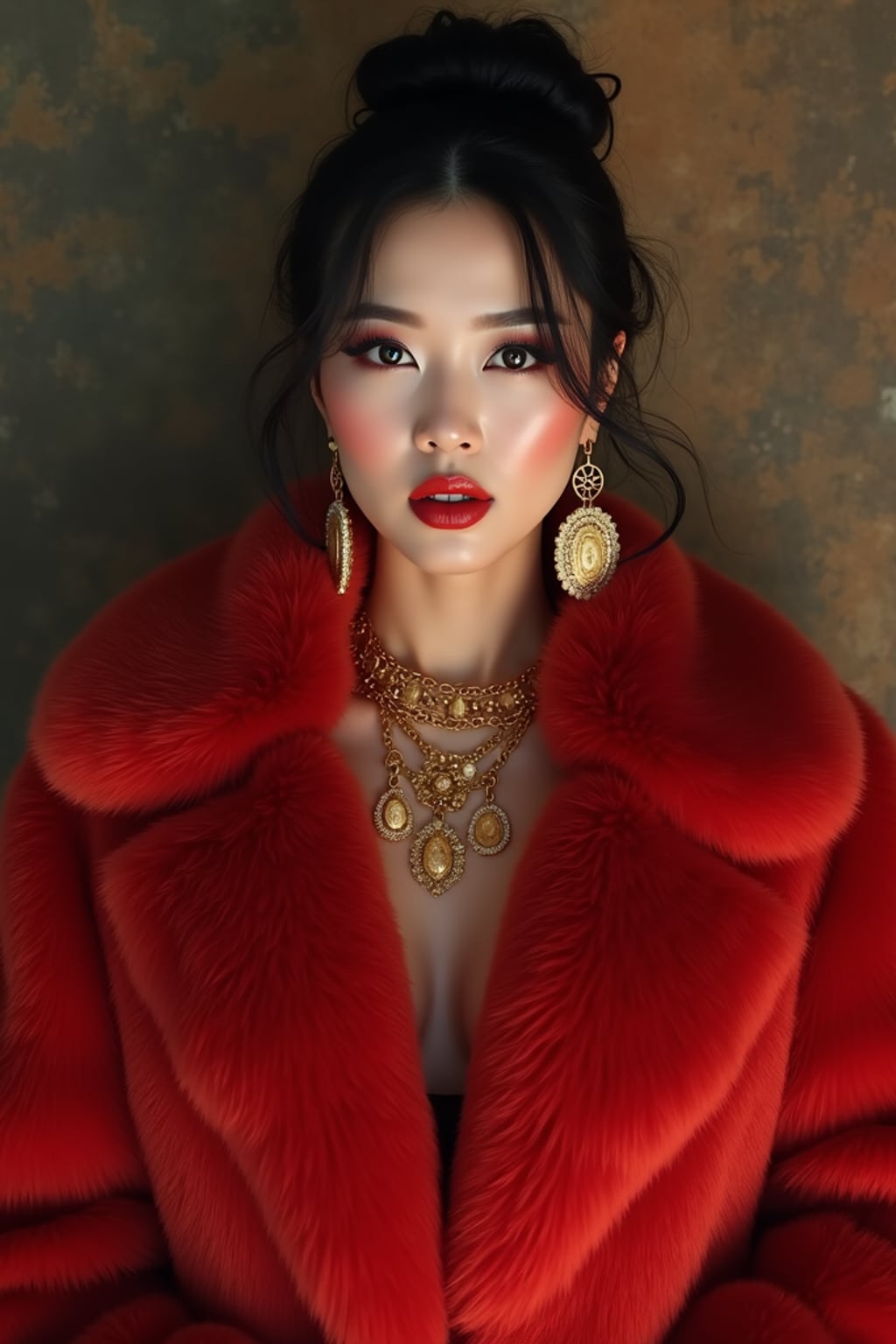 beautiful woman as a mobster, mafia, mafia outfit, faux fur coats, chunky gold jewelry, mafia aesthetic, flashy, glamorous, luxury, loud, Goodfellas, The Sopranos, Mob Wives, opulence, confidence