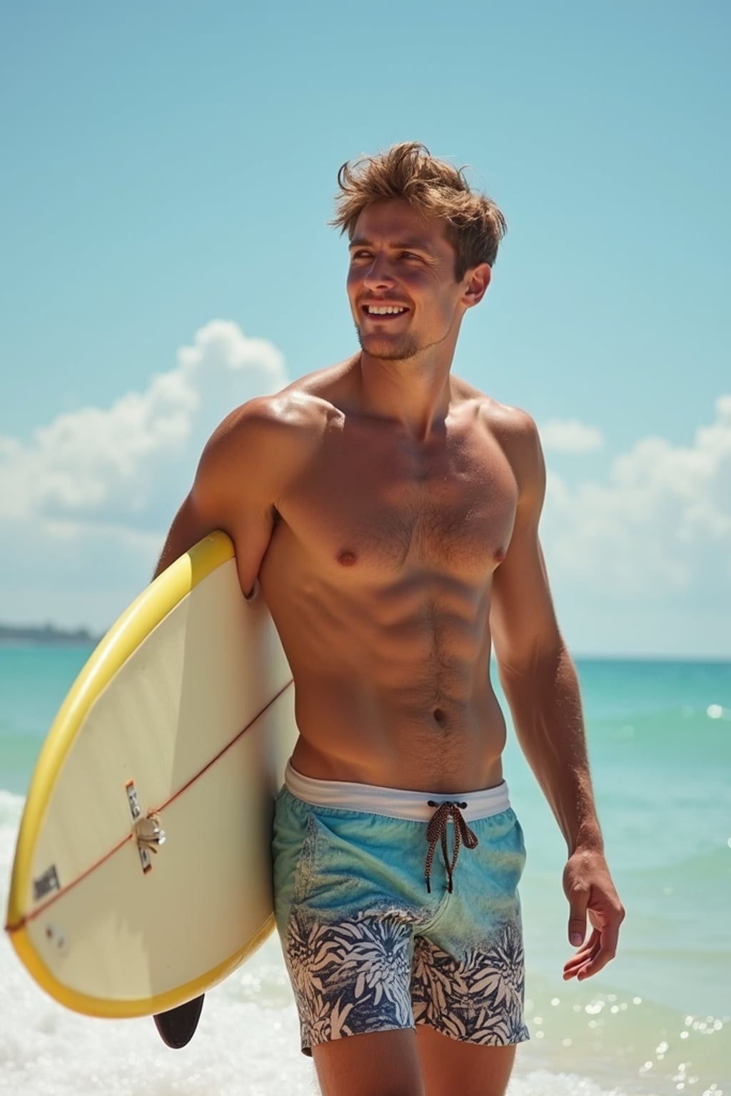 man in  board shorts with surfboard on the beach, ready to ride the waves