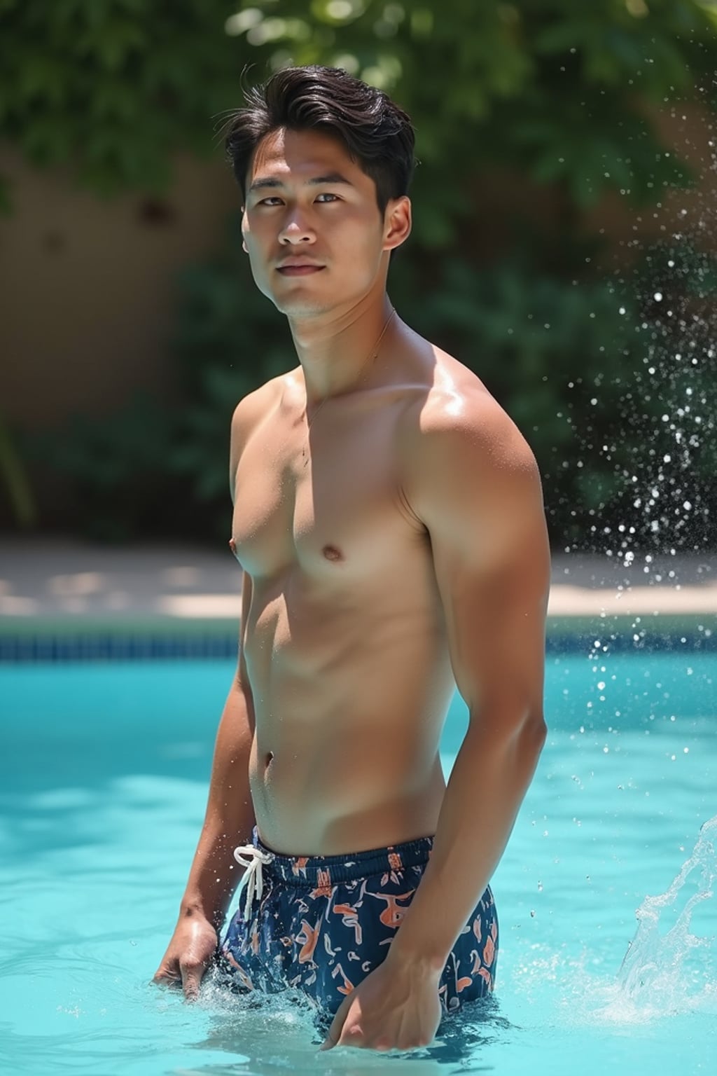 man in  swim shorts by the poolside, making a splash