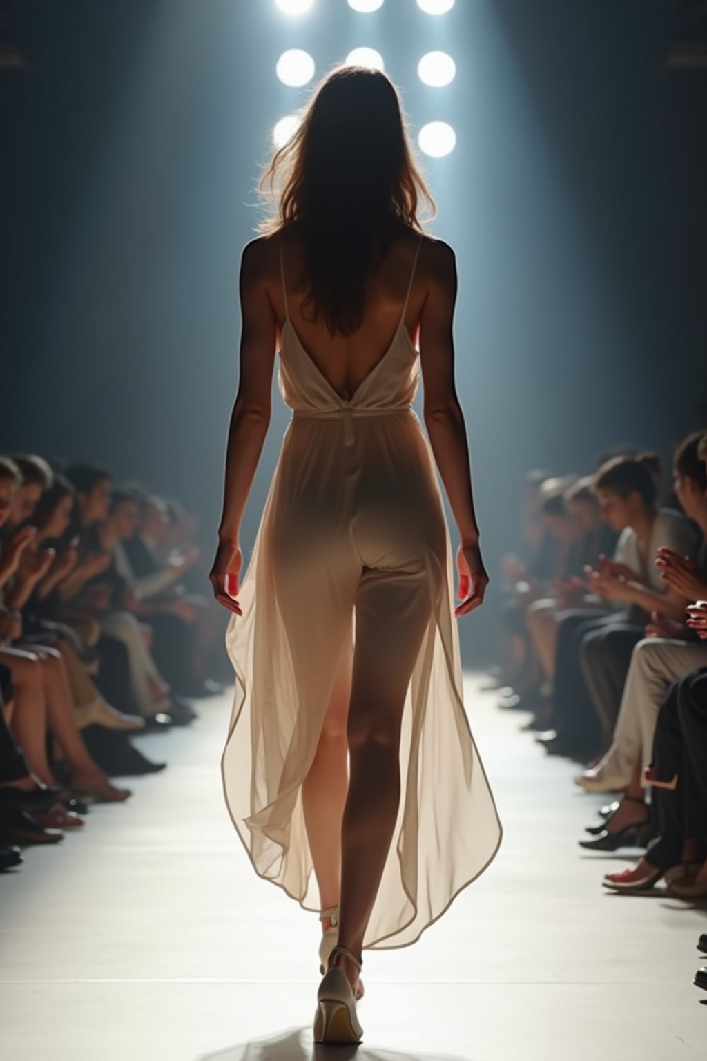 back view of woman striding confidently down a fashion runway, surrounded by flashing camera lights.