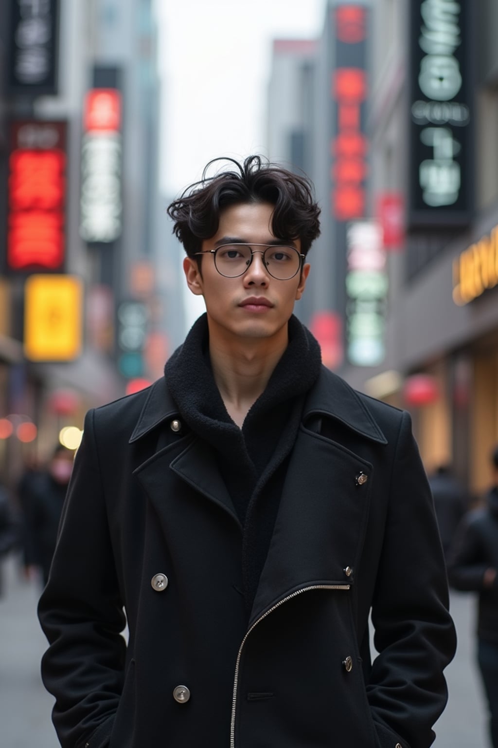 man as digital nomad in Seoul in Gangnam in Cheongdamdong Luxury Shopping street. stores visible in background