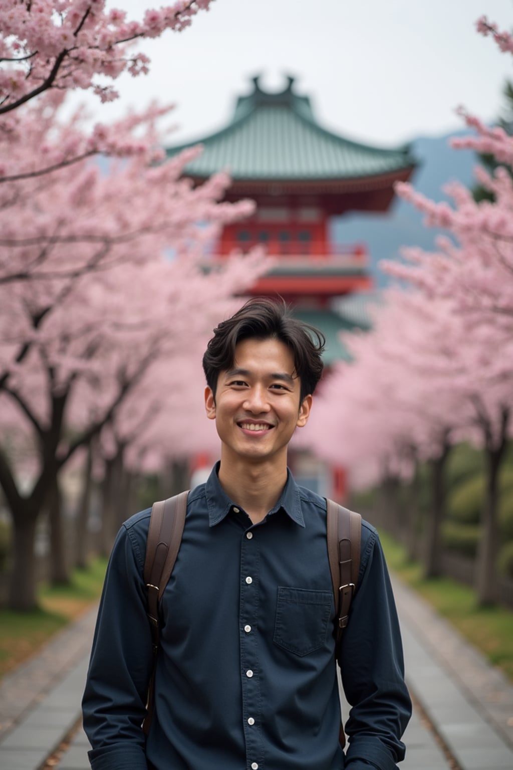 man as digital nomad in Japan with Japanese Cherry Blossom Trees and Japanese temples in background