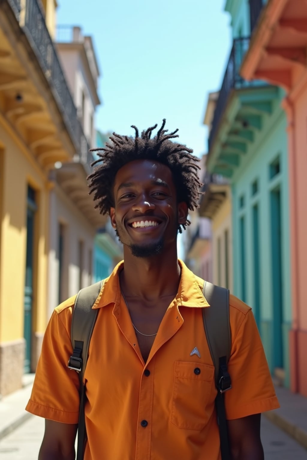 man as digital nomad in Havana with the colorful old town in the background
