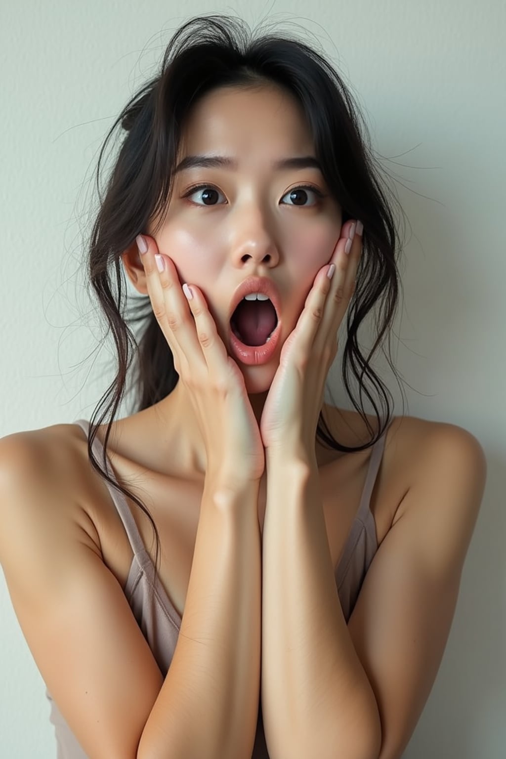 exaggerated surprised shocked shock astonished startled stunned surprise woman, blank background