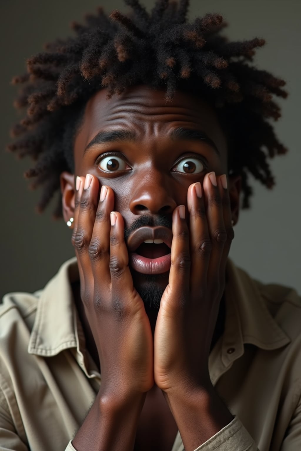 exaggerated faces of man expressing shock holding own face in hands