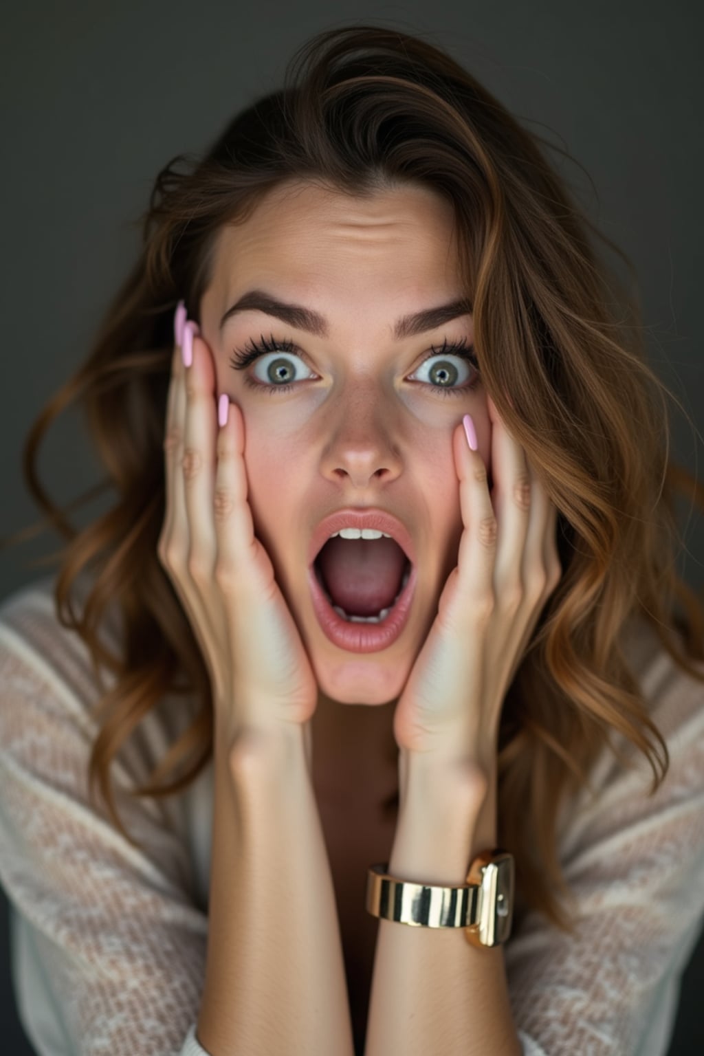 exaggerated faces of woman expressing shock holding own face in hands