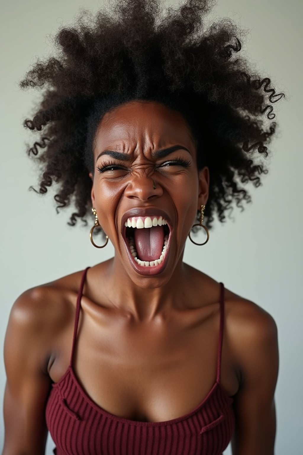 exaggerated angry furious rage woman, blank background