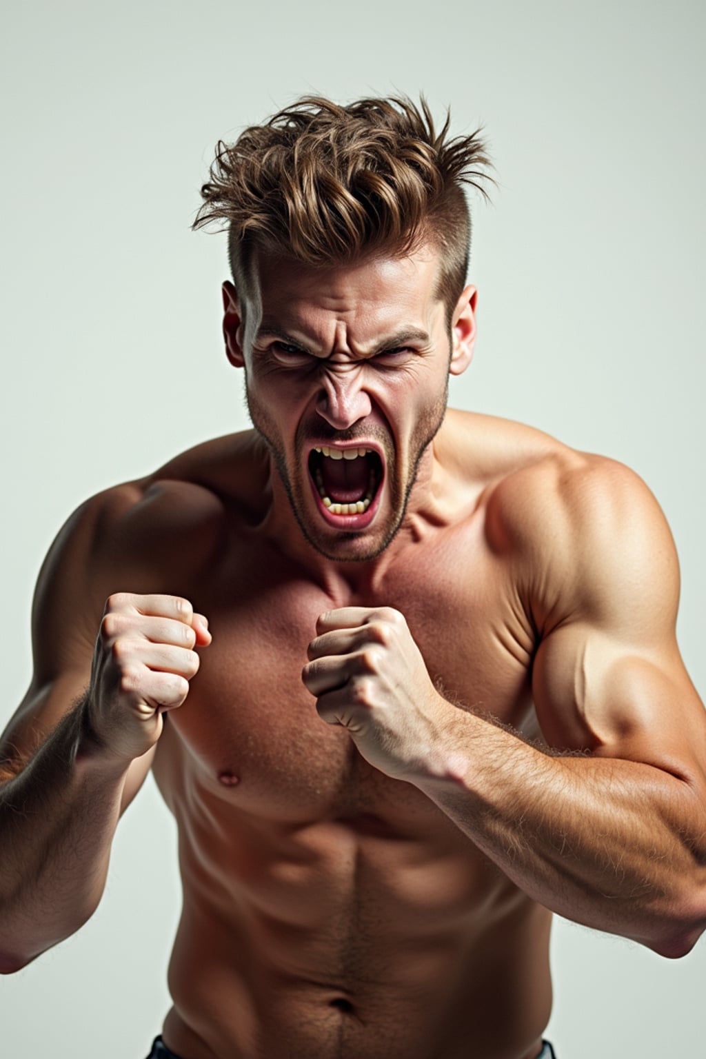 exaggerated angry furious rage man, blank background