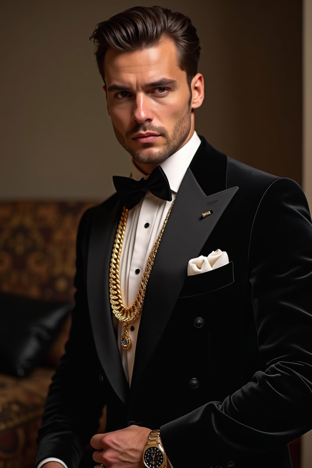 beautiful man as a mobster, mafia, mafia outfit, tailored suits, chunky gold jewelry, mafia aesthetic, flashy, glamorous, luxury, loud, Goodfellas, The Sopranos, Mob Wives, opulence, confidence
