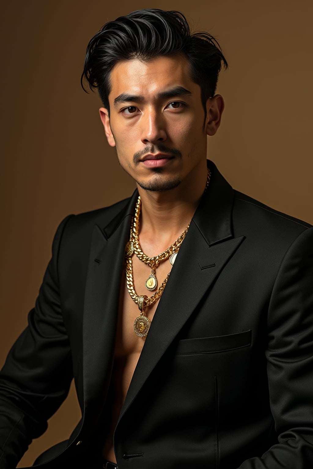 beautiful man as a mobster, mafia, mafia outfit, tailored suits, chunky gold jewelry, mafia aesthetic, flashy, glamorous, luxury, loud, Goodfellas, The Sopranos, Mob Wives, opulence, confidence