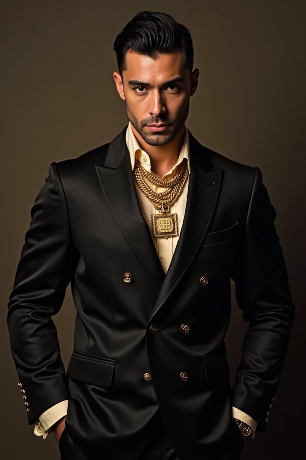 beautiful man as a mobster, mafia, mafia outfit, tailored suits, chunky gold jewelry, mafia aesthetic, flashy, glamorous, luxury, loud, Goodfellas, The Sopranos, Mob Wives, opulence, confidence