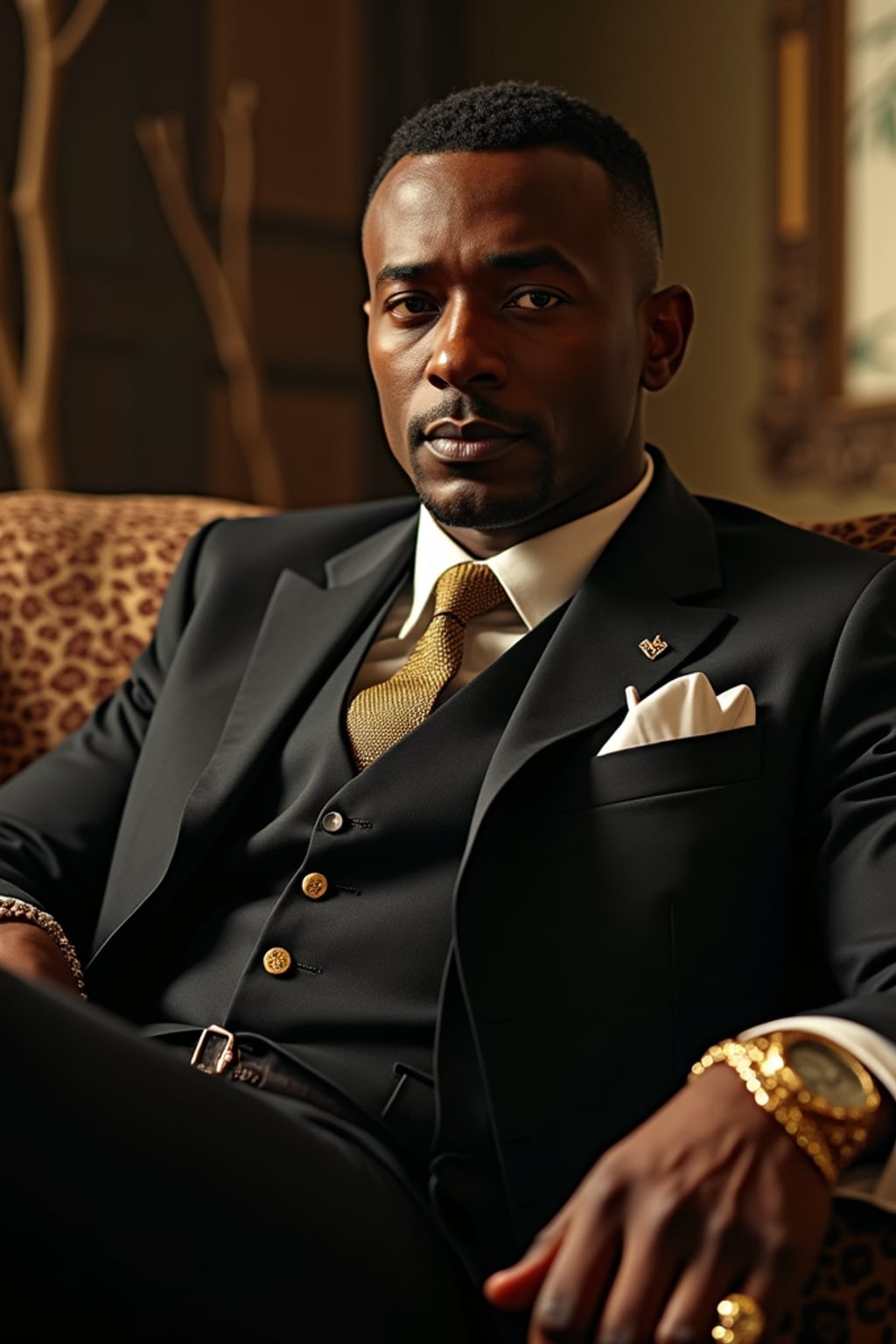 beautiful man as a mobster, mafia, mafia outfit, tailored suits, chunky gold jewelry, mafia aesthetic, flashy, glamorous, luxury, loud, Goodfellas, The Sopranos, Mob Wives, opulence, confidence