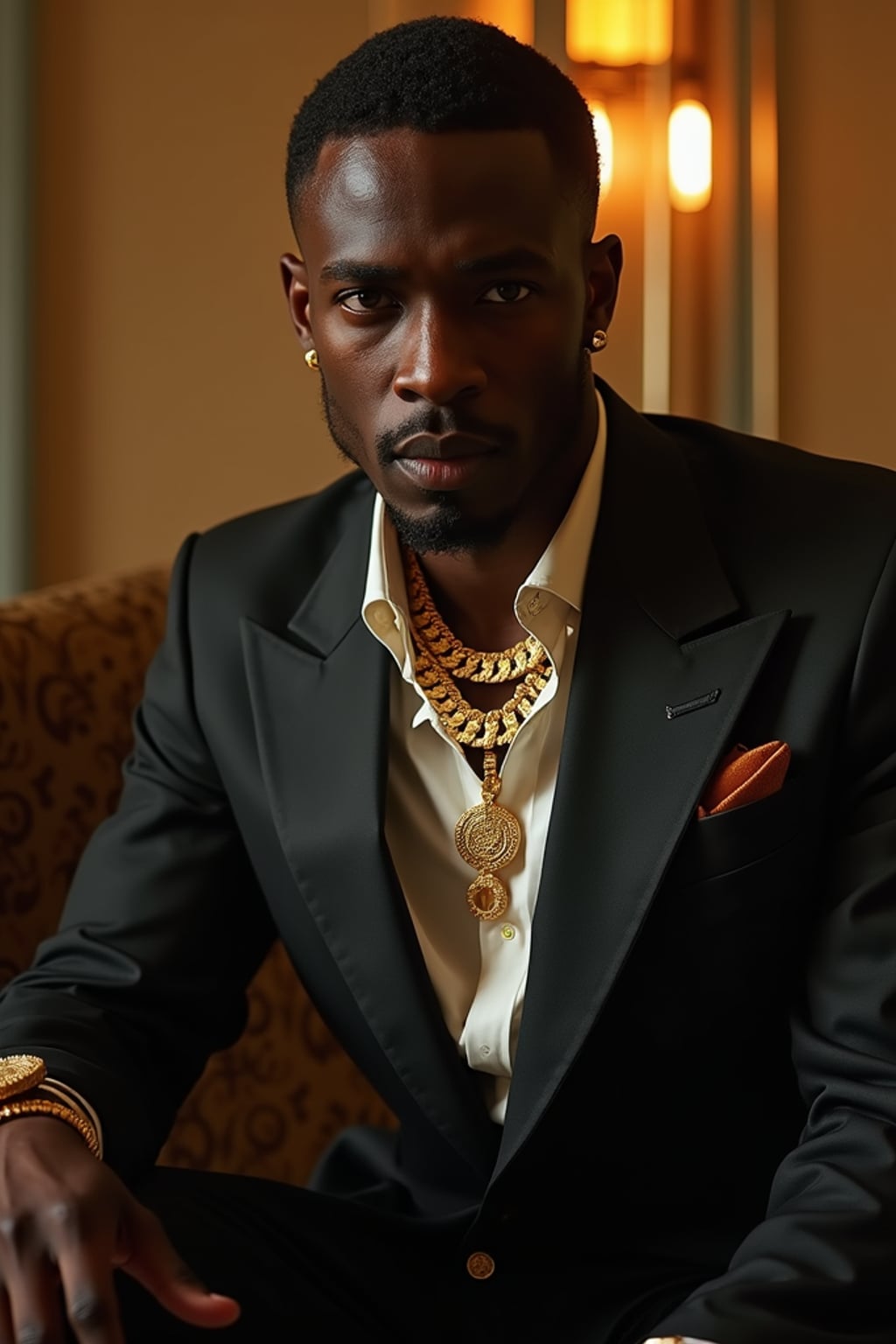 beautiful man as a mobster, mafia, mafia outfit, tailored suits, chunky gold jewelry, mafia aesthetic, flashy, glamorous, luxury, loud, Goodfellas, The Sopranos, Mob Wives, opulence, confidence