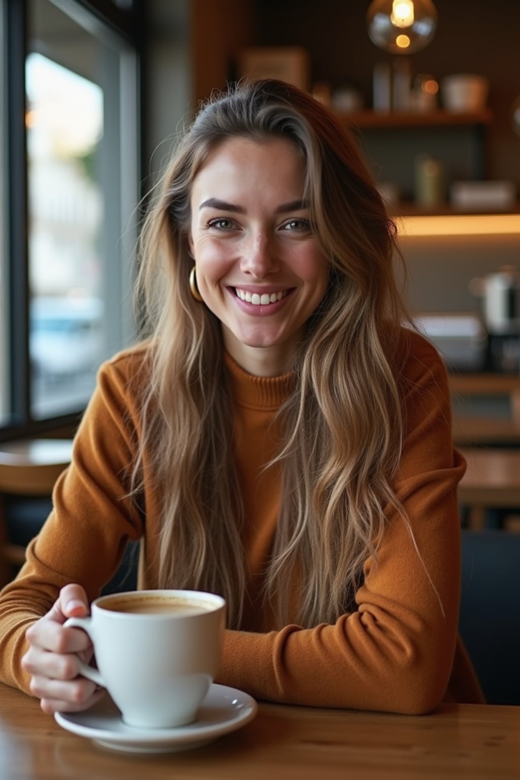 woman in a trendy café, holding a freshly brewed cup of coffee