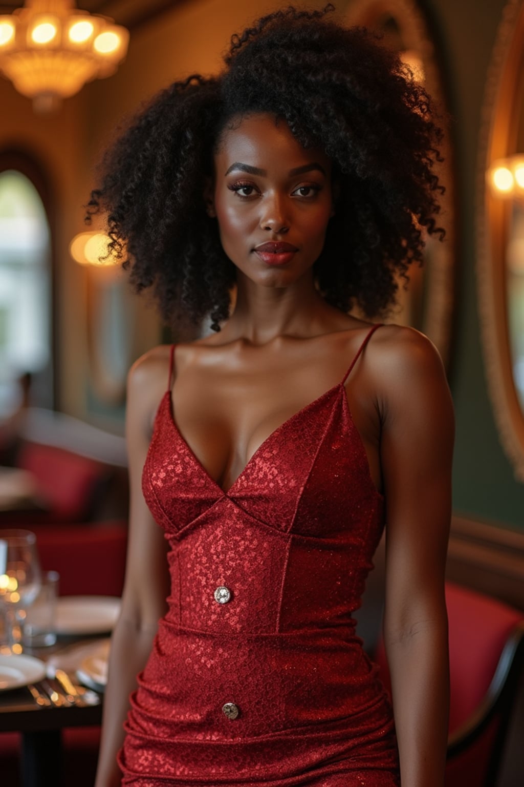 a woman wearing luxurious dress  in luxury restaurant, instagram photo, instagram, hourglass figure