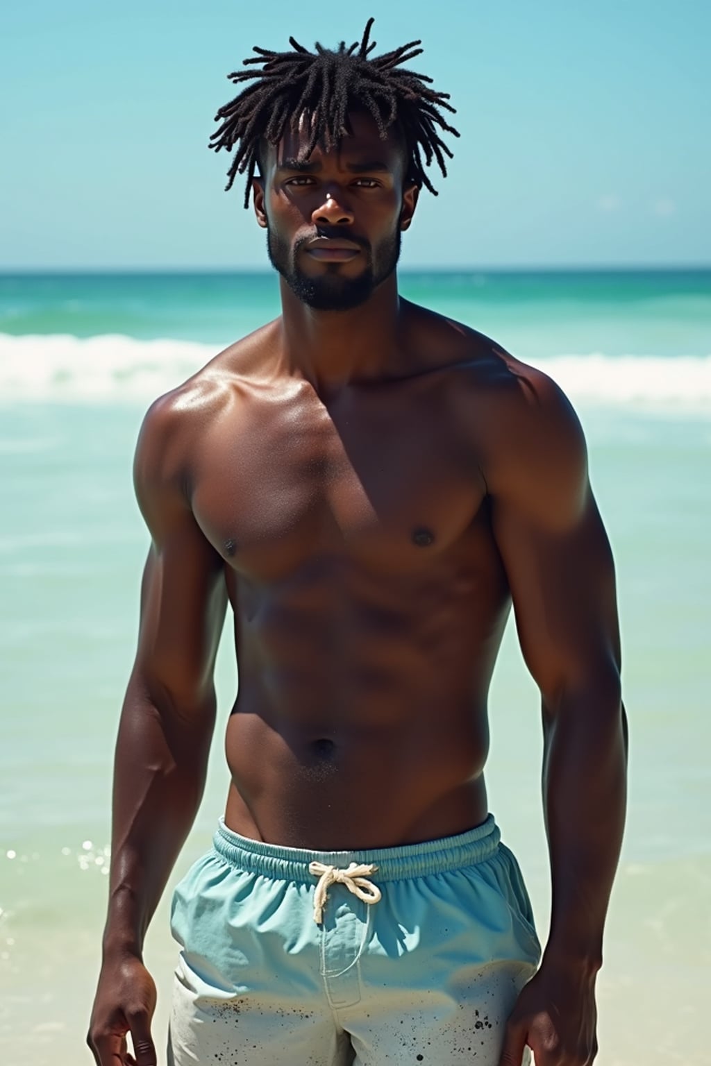 man in  swim shorts} in sea water on the beach, wet hair