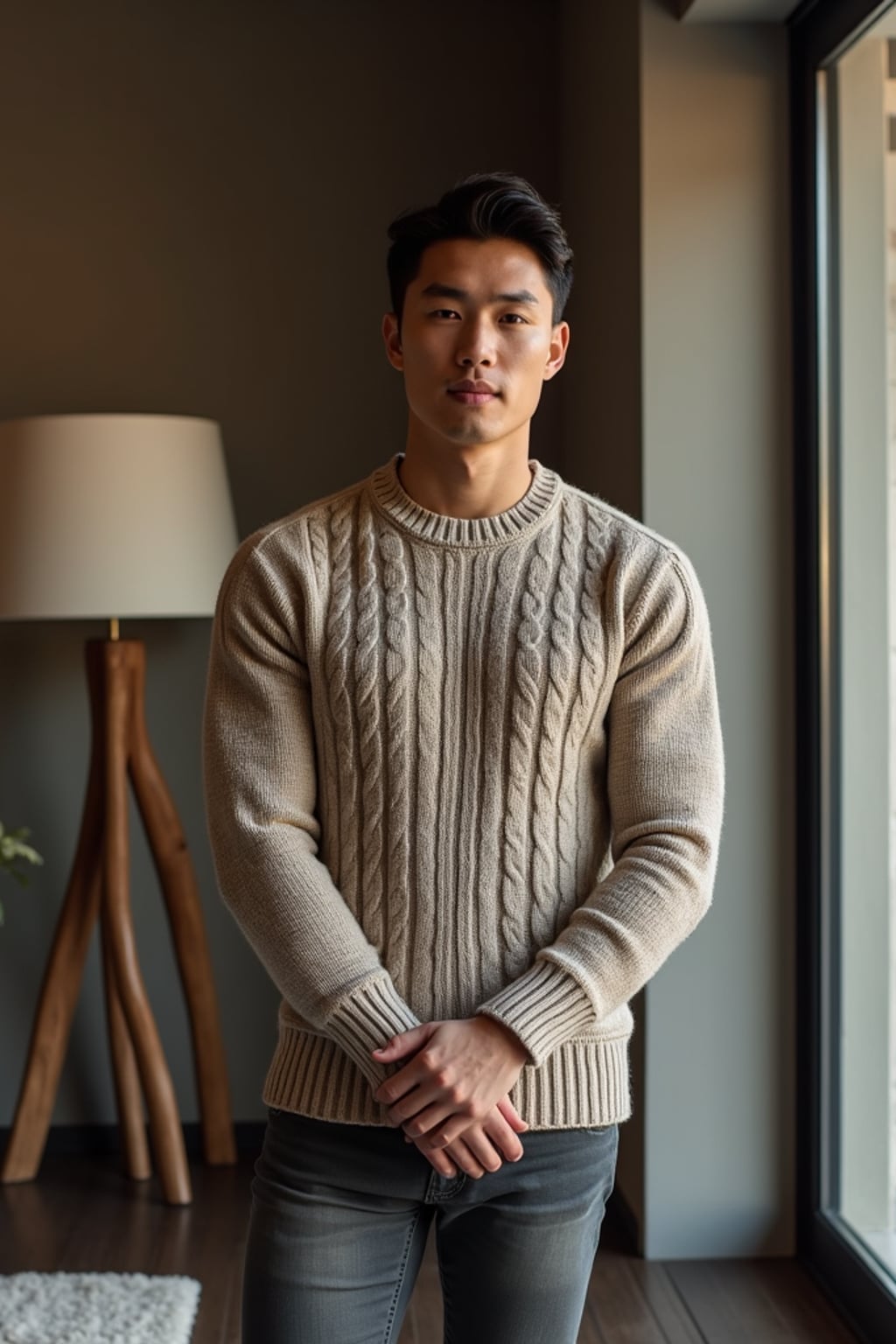 a man wearing knitted sweater) in luxury villa living room, instagram photo, instagram,  fit body