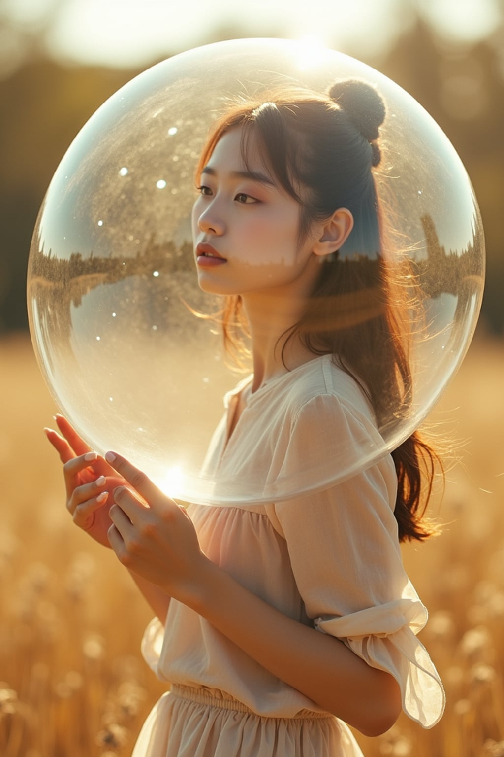 woman holding a giant soap bubble in a sunlit field
