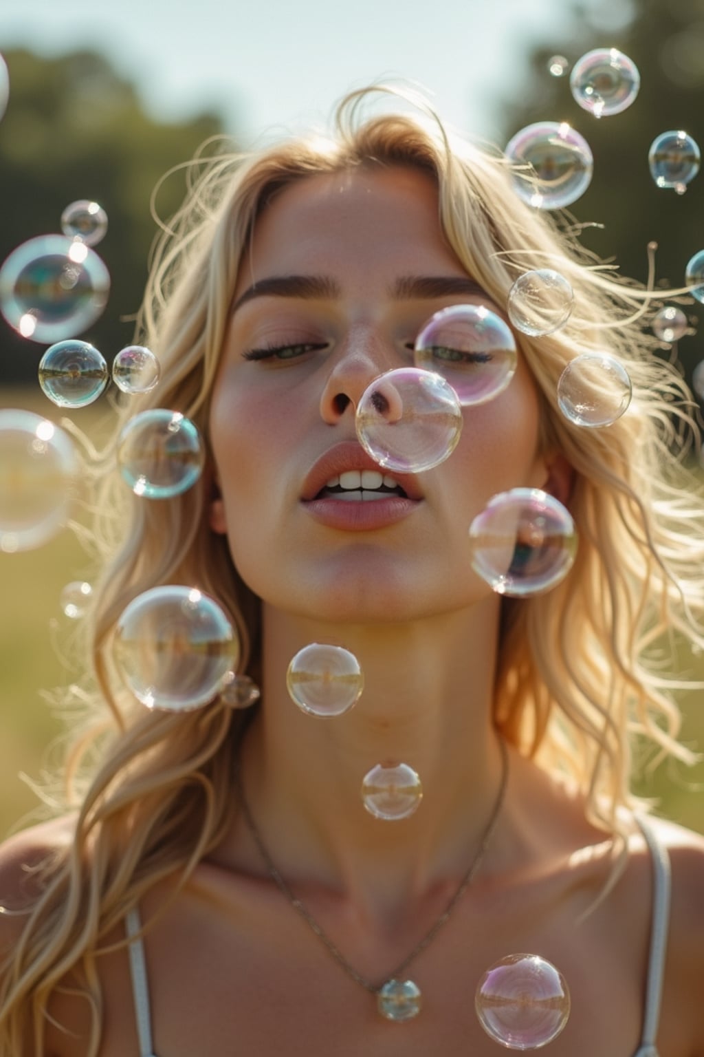 woman blowing bubbles. all around her are floating bubbles. many bubbles floating. the bubbles reflect her face. she stands in a sunlit field.