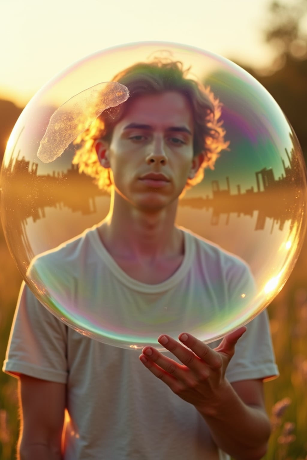 man holding a giant soap bubble in a sunlit field