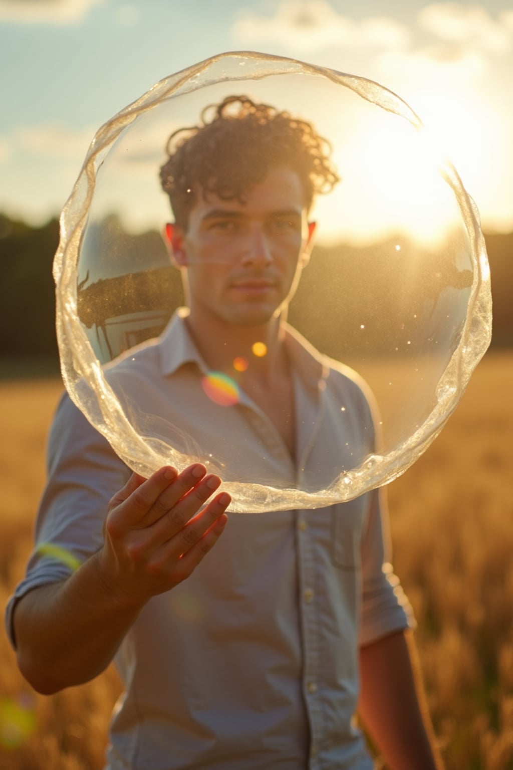 man holding a giant soap bubble in a sunlit field