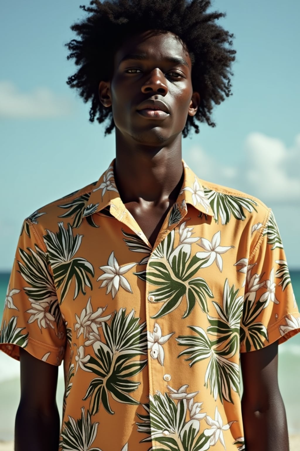 man wearing  hawaii shirt in try on fashion shoot for Zara Shein H&M