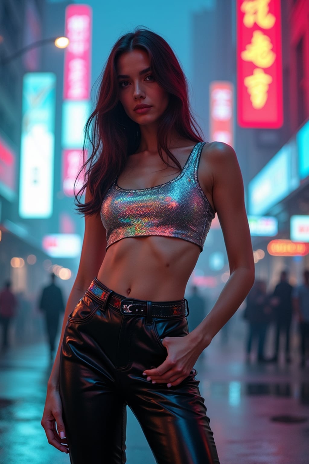 woman wearing sleek leather pants with neon highlights and holographic top in a Bladerunner-inspired cityscape