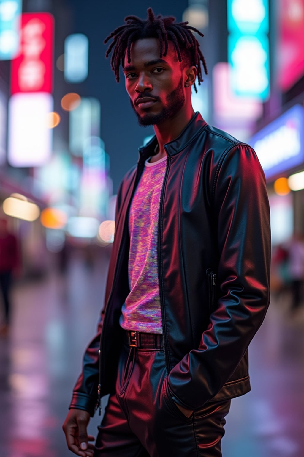 man wearing sleek leather pants with neon highlights and holographic top in a Bladerunner-inspired cityscape