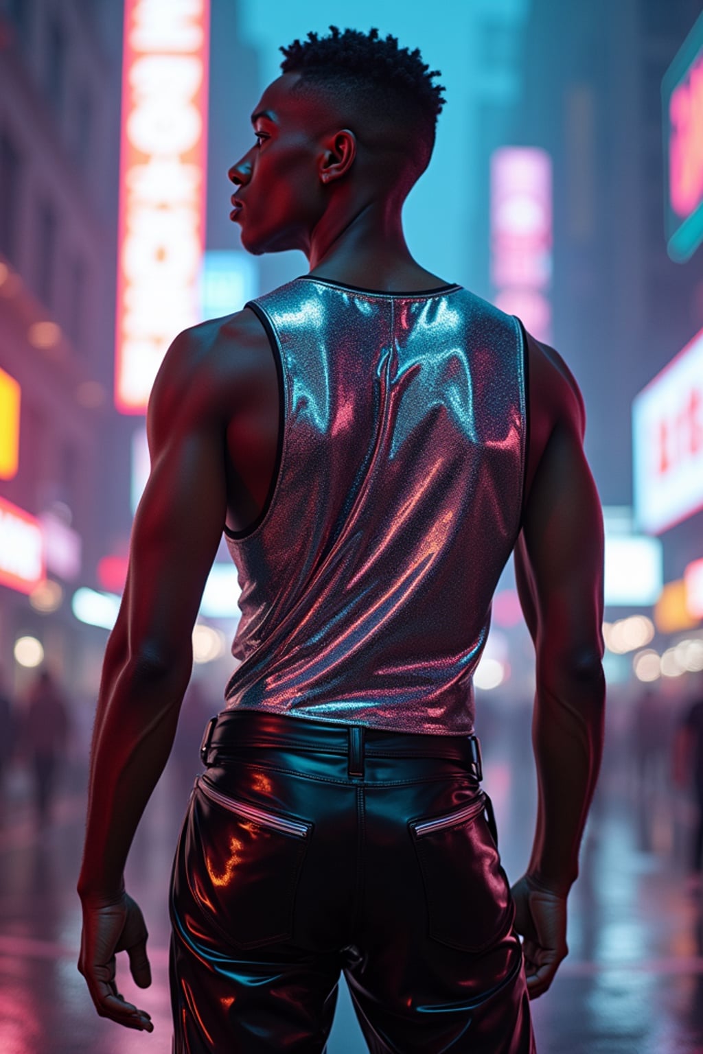 man wearing sleek leather pants with neon highlights and holographic top in a Bladerunner-inspired cityscape