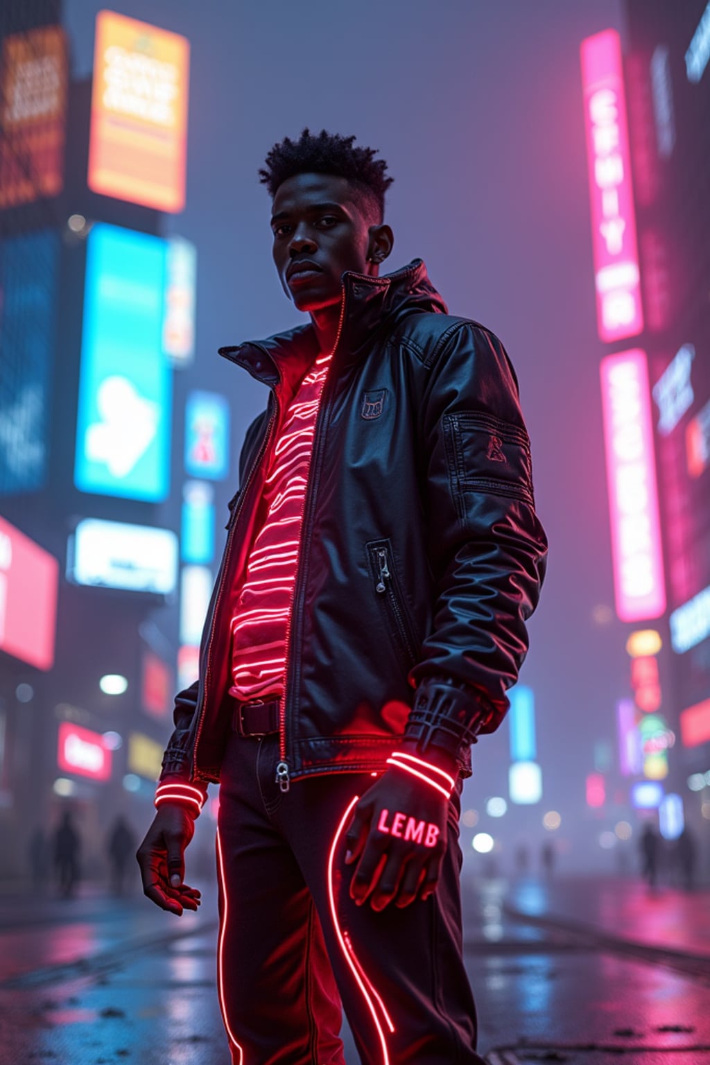 cyberpunk man with futuristic cyberpunk neon clothes standing in cyberpunk city with neon lights city on Mars in future, neon billboards, skyscrapers