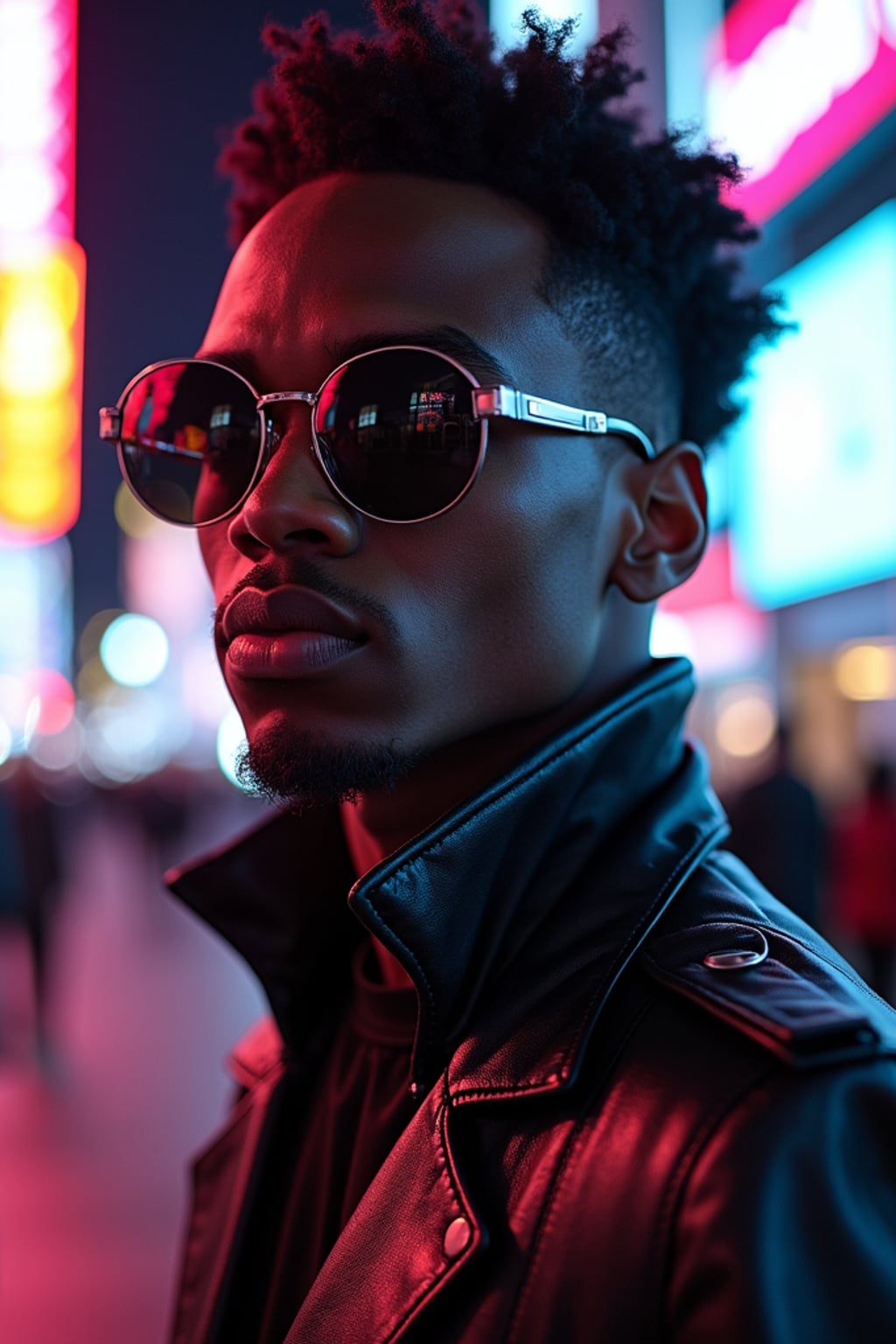 cosplayer man in a cyberpunk outfit, posing against the backdrop of bright city lights