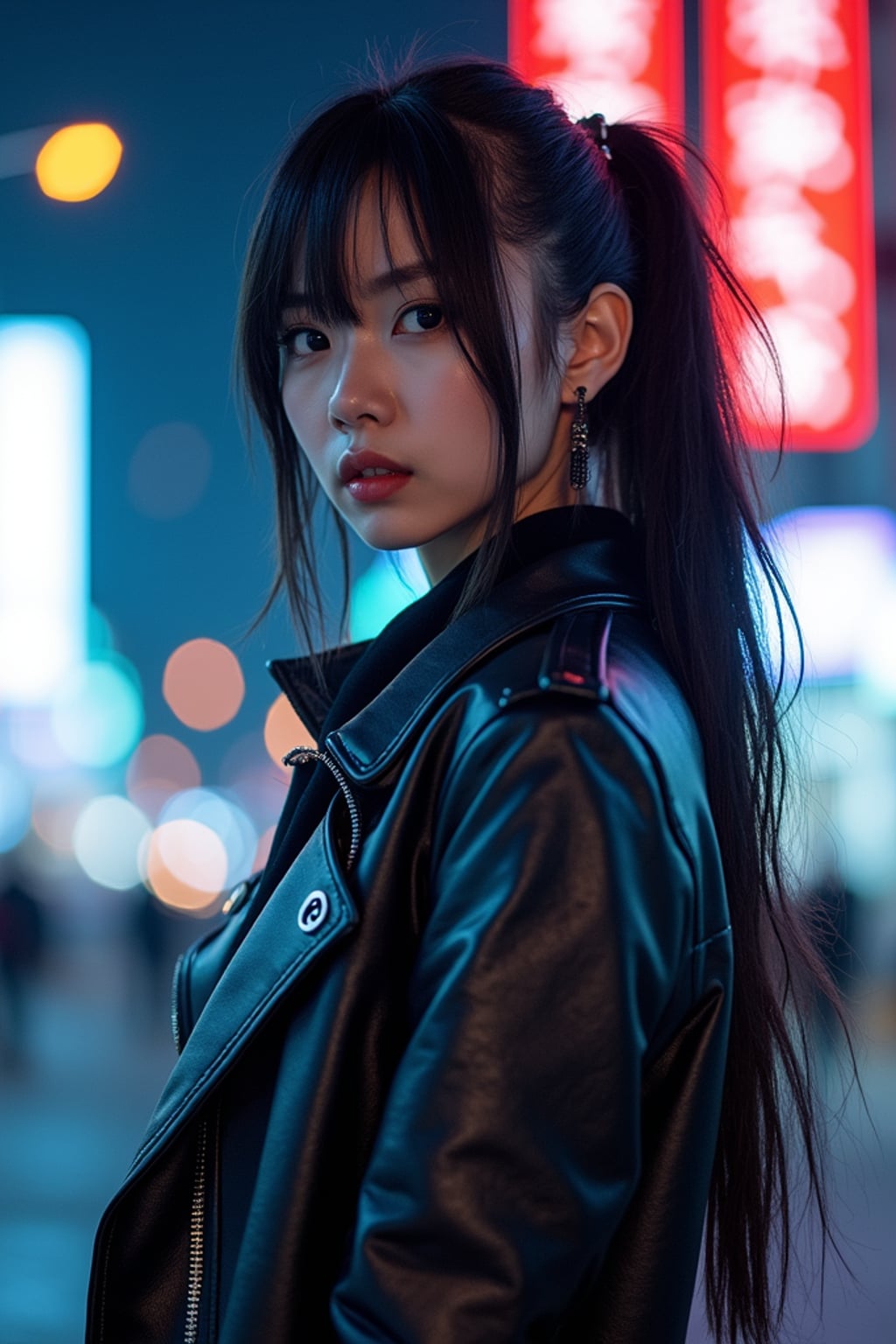 cosplayer woman in a cyberpunk outfit, posing against the backdrop of bright city lights